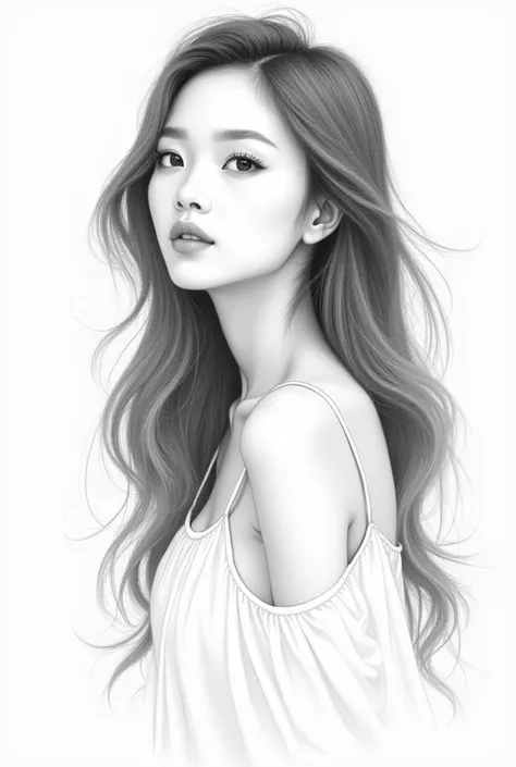 Pencil sketch of a Thai woman with long hair, wearing a white dress. Half-body portrait, delicate facial structure, large eyes, high nose bridge, soft light, delicate texture details, delicate line drawing in a light-colored style, emphasizing the beauty o...