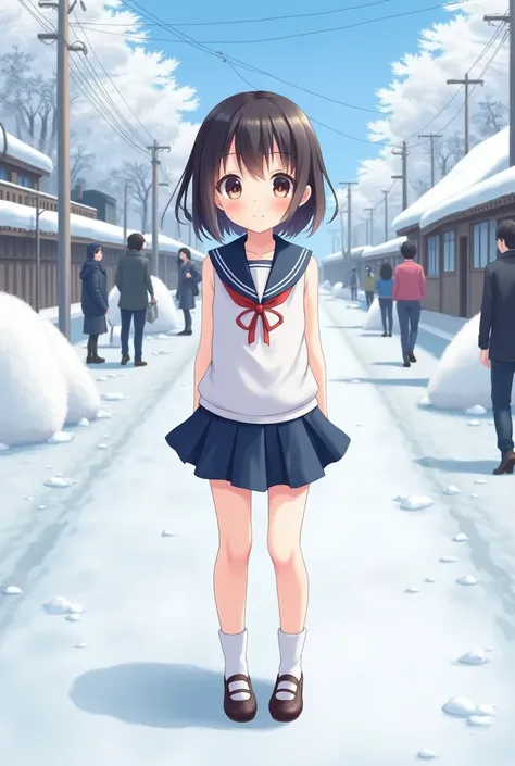 Super top quality Japanese transparent, neat, cute girl, white sleeveless clothes, navy blue miniskirt, cute sailor suit with snow piled up in the winter, so cute, there are people around