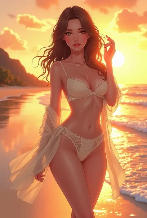 A mesmerizing anime illustration of a stunning 22-year-old anime girl standing gracefully on a secluded beach during golden hour. Her radiant beauty is emphasized by her hourglass figure and delicate features, with glowing, sun-kissed skin that reflects th...