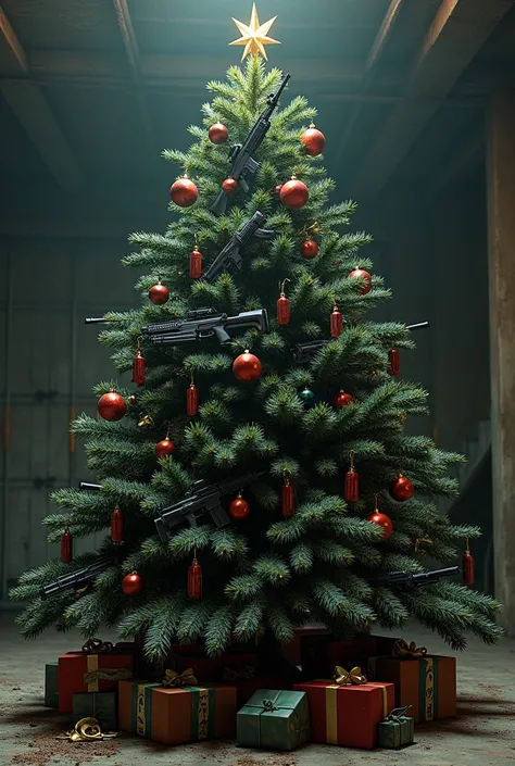 Image of a Christmas tree with ornament and military weapons