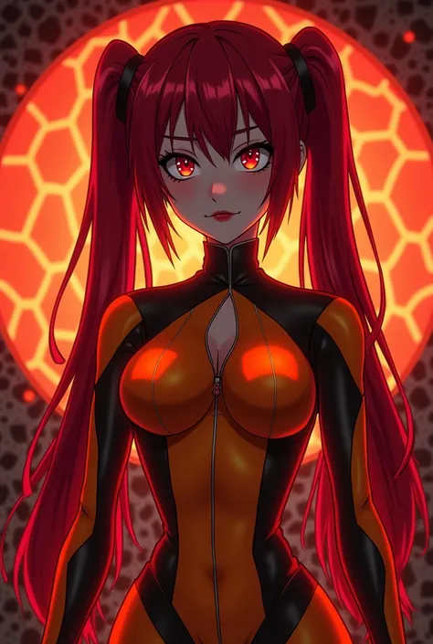 Severa, red hair, long twintails, red eyes, black eyeshadow, black eyeliner, black mascara, black lipstick, small breasts, goth, Orange neon bodysuit, (Moire patterns:1.5), beehive interior background, red moire, going insane, Queen Bee, (anime aesthetic:1...