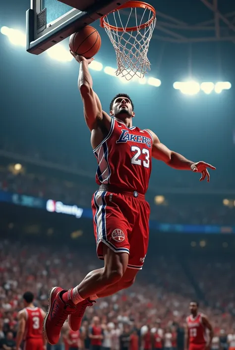  A muscular athlete in a basketball shirt jumps to dunk,  while a cheering crowd is visible in the background . The scene is illuminated by spotlights .

