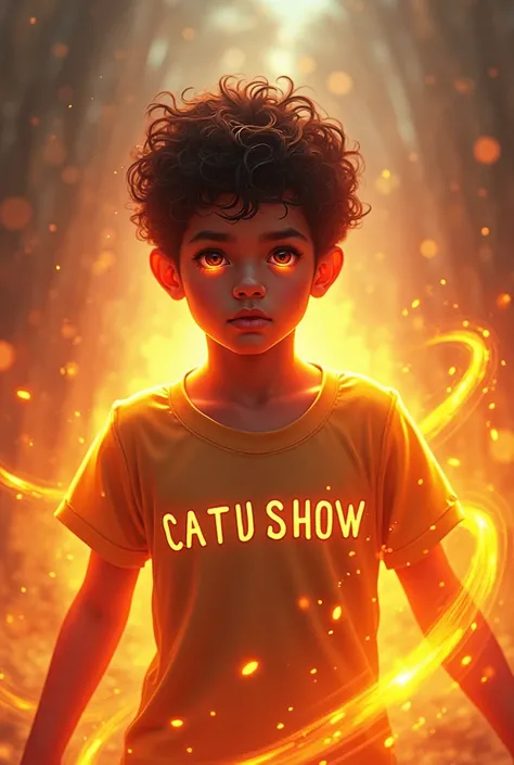 A radiant boy with fire and a shirt that says catushow