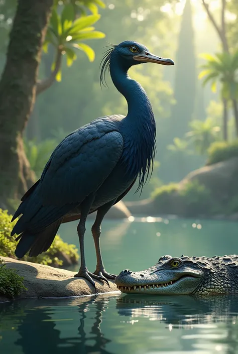 A large bird, dark blue neck, brown short beak, green eyes, gray legs, black claws, dark blue feathers, long tail, drinking from a large lake in a forest, sun shining, and a crocodile sunbathing on a rock