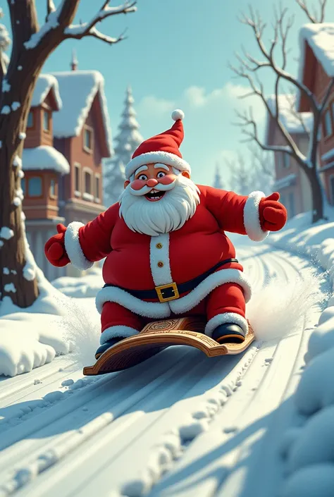 
a  rides a sled down a hill in a Santa Claus hat straight into the street where a car is driving