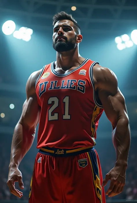 A muscular athlete in a basketball jersey. The scene is illuminated by spotlights .