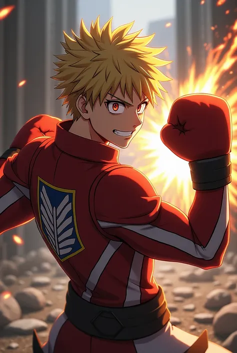 Make Boku no Hero bakugou with the clothes from Attack on Titan in a boxing-like combat position