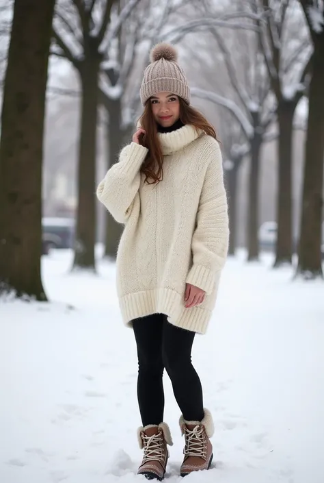 A casual winter outfit with an oversized cream knit sweater, black leggings, ankle-length snow boots, and a chunky knit beanie. The setting is a serene snowy park with trees dusted in snow.