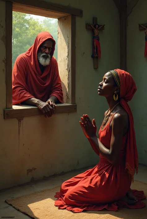 A Nigerian village maiden praying to God inside a room fervently. While a herbalist wearing red attire was peeping from the window.