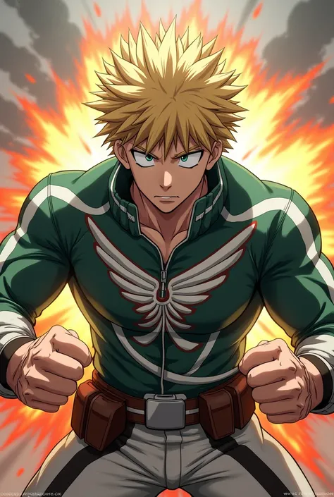 Make Boku no Hero bakugou with the clothes from Attack on Titan in a boxing-like combat position. Do it head-on and wearing clothes identical to the exploration troop 