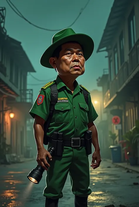 Caricature 4D.  Insonesian man wearing hansip hiau shoulder and green hat carrying flashlight.at night be in the post.Kamling that there was a spanking his there tadio 4 band . jogging  . realistic focus  