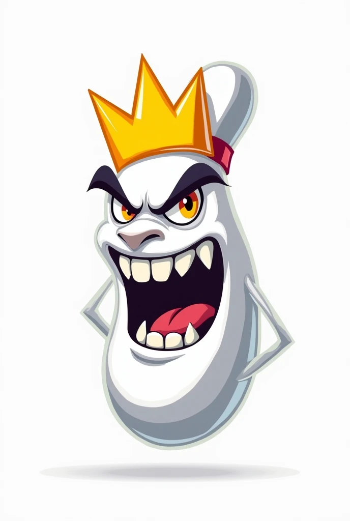 White gamer logo of a bowling pin with a yellow crown angry cartoon for stream white teeth without shading