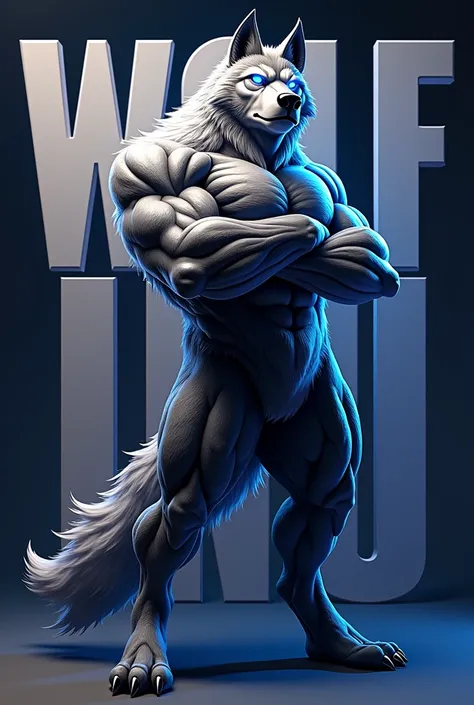 A highly detailed illustration of a massive and ultra-muscular anthropomorphic wolf character, standing tall with arms crossed confidently. The wolf has sharp, defined features, powerful arms, and a broad chest, emphasizing its extreme physical strength. I...