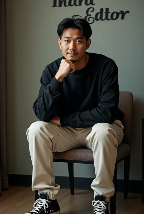  An established handsome asian man with , wearing a black sweatshirt,  cream-colored cargo pants , Converse shoes,  sits in a chair facing the background camera the wall reads  " INDRA EDITOR "  Cinematography 8KUHD hyper realist ultra 4HDNatural  