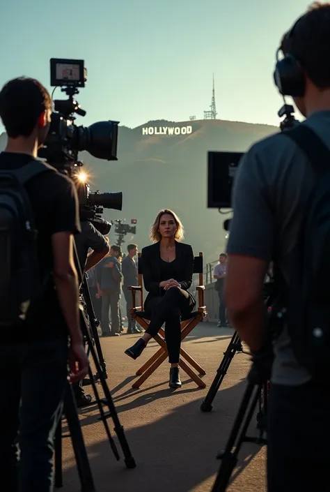 A woman in a directors chair ,  surrounded by cameras and spotlights . In the background you can see the iconic “Hollywood” S on the hills.

