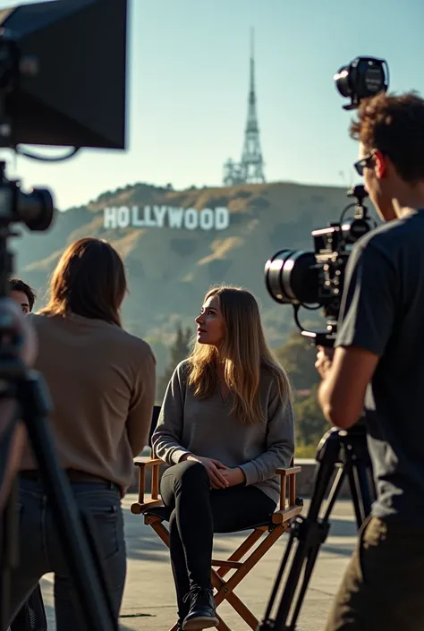 A woman in a directors chair ,  surrounded by cameras and spotlights . In the background you can see the iconic “Hollywood” S on the hills.

