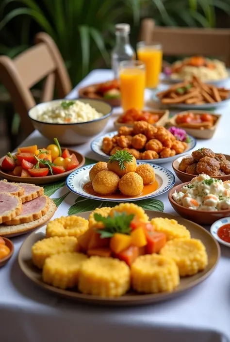  A festive table full of Venezuelan food: bollos, Chicken salad , ham bread and cardboard juice .  high quality photograph , focus on the details.