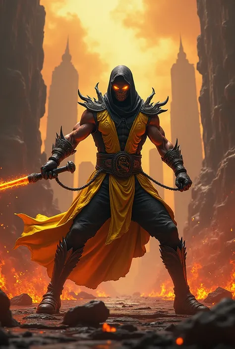 Create an  "my favorite villain" fighting Scorpion from  "mortal kombat"  on a stage of hell
