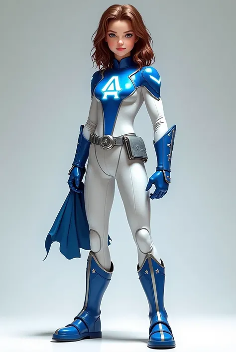  Create a short 15-year-old girl with a full body , king, with brown wavy hair,  and white wetsuit , and white leather pants ,  with the Silk screen in the shape of the letter A large Blue with a silver outline on the chest,  and blue gloves and boots with...