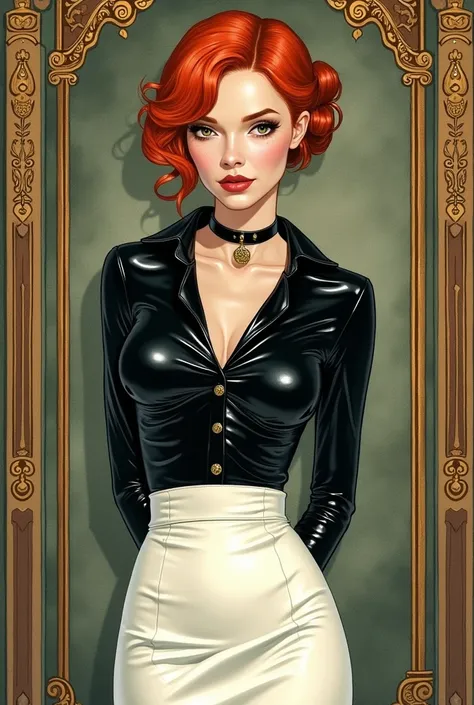 An art nouveau style watercolor image of a slender redhead woman with a bun. Wearing a shiny tight black latex blouse buttoned up and a shiny white latex pencil skirt. Black dog collar. Looking at the viewer. Hands behind her back. Druillet style. Enki Bil...