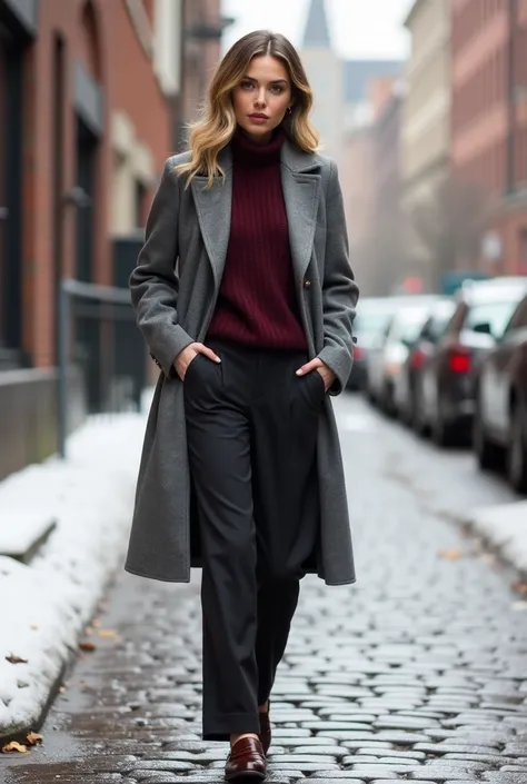 A sophisticated winter outfit women featuring a tailored gray trench coat, a burgundy sweater, wide-leg trousers, and leather loafers. The scene is an urban backdrop with cobblestone streets and light snow.