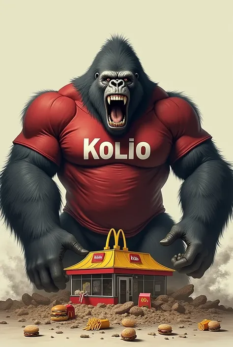 Create me image of the fatest gorilla in the world with shirt and write on the shirt KOLIO and make him eating the whole MACDONALDS
