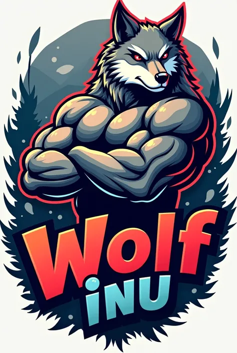 A bold and vibrant caricature-style logo featuring an ultra-muscular anthropomorphic wolf character with exaggerated cartoonish proportions. The wolf has a massive chest, defined arms, and a confident smirk, showcasing its strength. The character is positi...