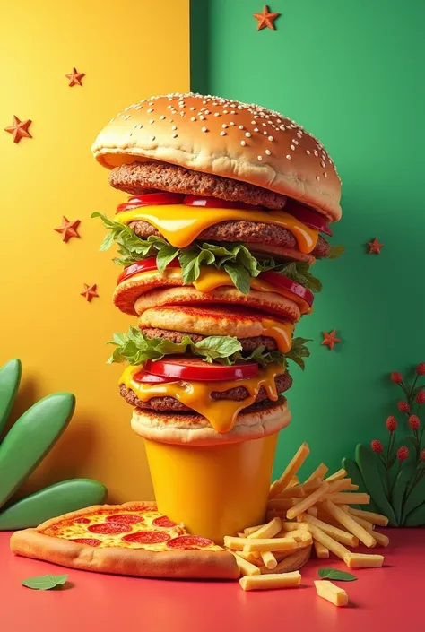 Create A design yellow green and red combines pizza and burger and fries and cheese and little Star on corner pillar