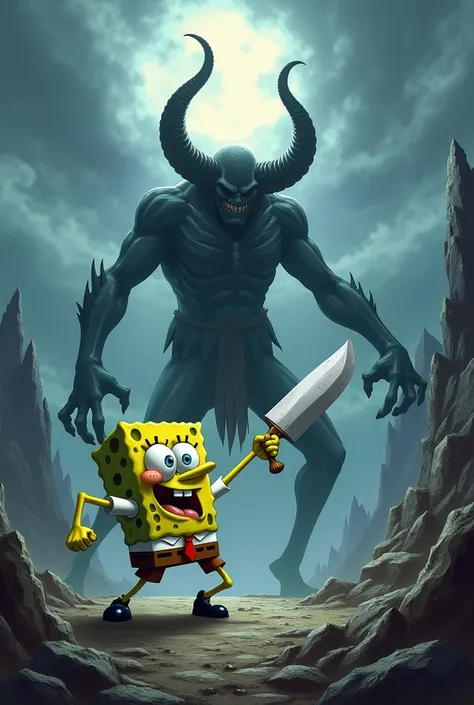 Create a squid from the series  "Spongebob"   with a machete on a mountain while fighting against Satan himself
