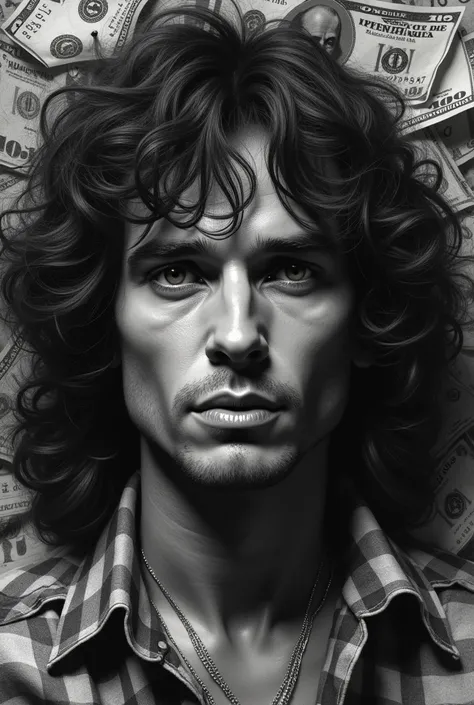 " A realistic portrait of Jim Morrison in black and white , with a background of crumpled bills .  His intense gaze is directed at the viewer ,  as he sings the phrase I want some money from the song Money.  Dramatic lighting creates deep shadows on his fa...