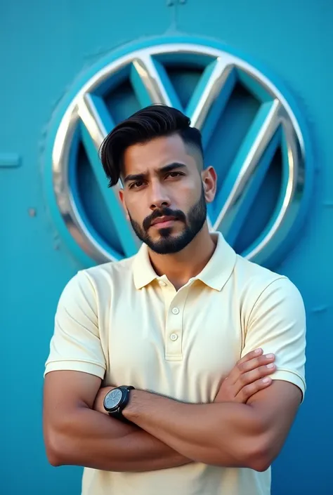 man, short black beard, Small black hair combed to the left,  with arms crossed with a cream-colored polo t-shirt ,  in front of a blue wall with the Volkswagen symbol