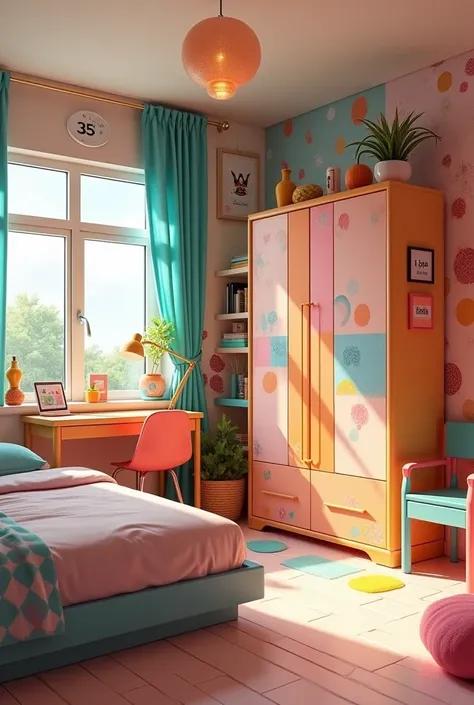  room with bed, desktop,  window and wardrobe with striped designs, circles and patterns in various pastel colors