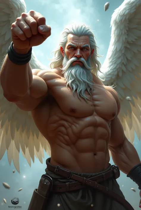 Un ange gardien homme torse nue avec une barbe et moustache blanche, arme son poing dune arme menançante. Style: réaliste, fantastique. Perceptive: contre-plongée.