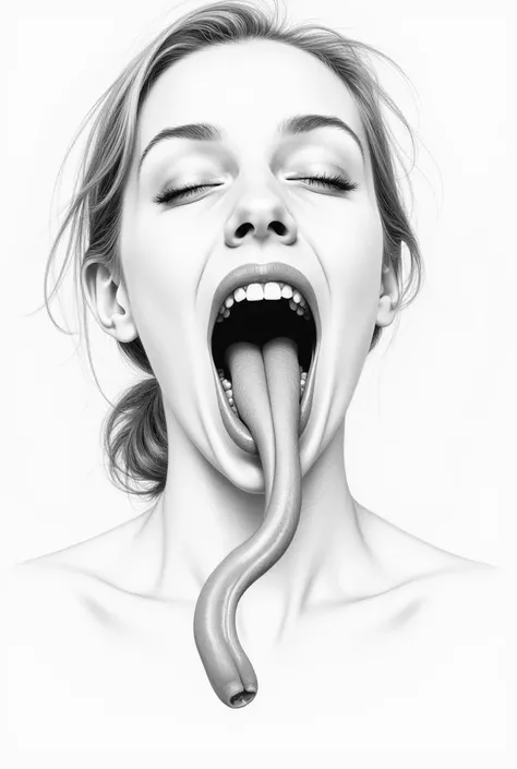  Young woman with open mouth and tongue,  pointing upwards :
    - The womans face is facing directly into the camera .
    - Mouth wide open ,  showing the teeth and upper part of the tongue .
    - Tongue stuck out and slightly curved down , very long to...