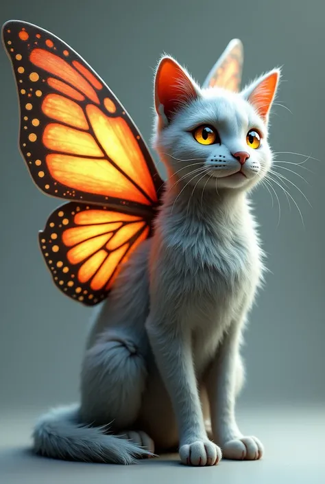  Create a realistic 3D image of a beautiful Alebrije cat, with gray fur with colorful butterfly wings  