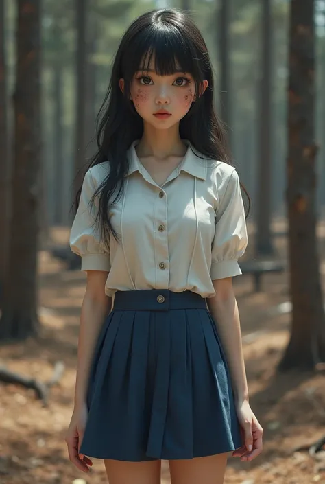 Japanese girl, 18 years old, realistic, detailed, masterpiece, beauty, wearing short blue skirt and white button blouse, ash on face, small breasts, long hair, eye makeup, in a burnt forest.