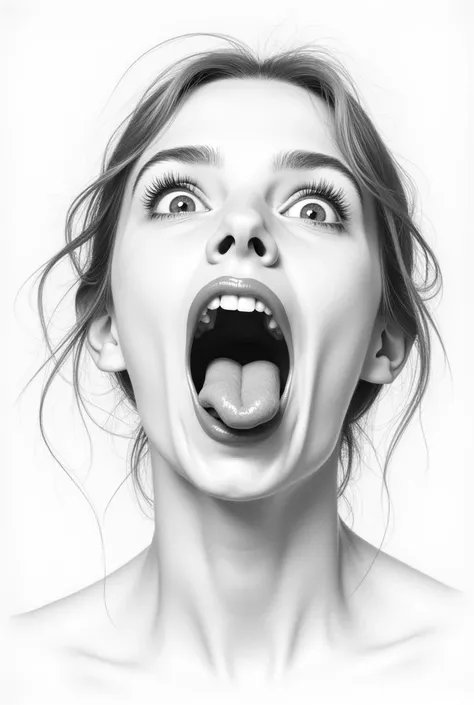  Young woman with open mouth and tongue,  pointing upwards :
    - The womans face is facing directly into the camera .
    - Mouth wide open ,  showing the teeth and upper part of the tongue .
    - The tongue is stuck out and slightly curved.
   - Eyes w...