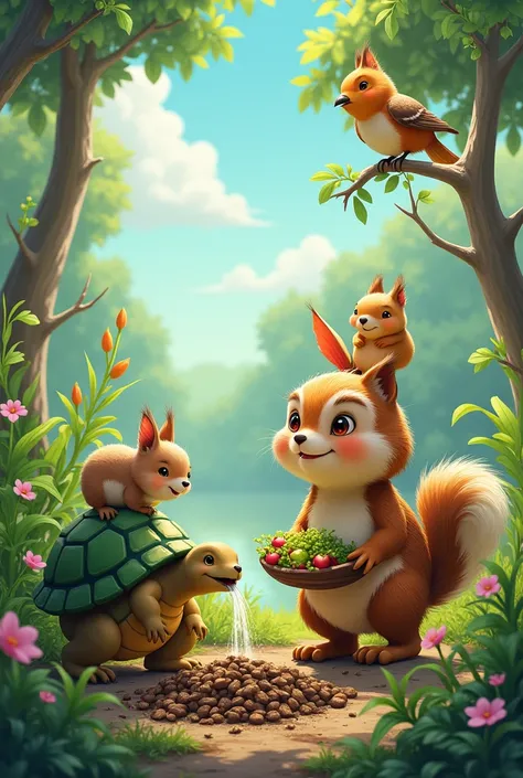  The four animals working together .  The turtle watering ,  the bird singing on a branch ,  the squirrel running with seeds and fruits, y Lolo planting .