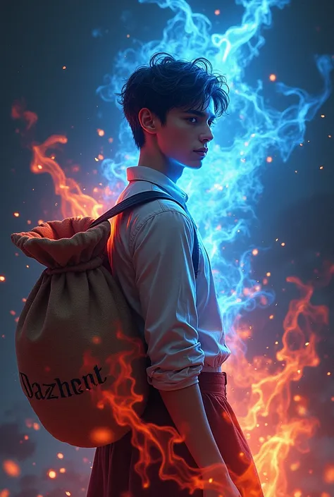 A radiant young man with blue and red fire and who has a sack that says DAZHENT