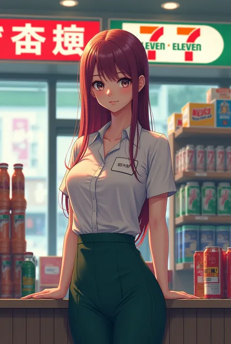 7-eleven employer behind the counter cashier. anime tall girl.