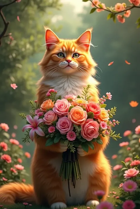 an emperor cat giving away a bouquet of flowers