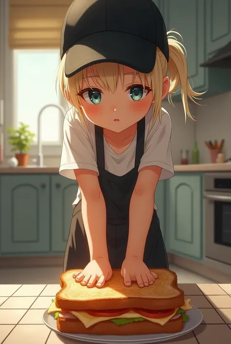  Girl who has platinum blonde hair tied with a black cap while making a croque monsieur, She crushes him with her bare feet  , pies focus