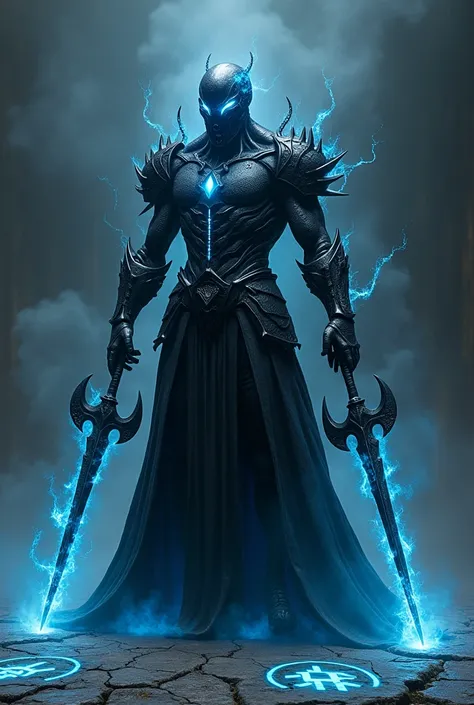 A hyper-realistic depiction of a warrior completely fused with a black gothic armor, forming a single, living organism. The armor is an extension of the warrior’s body, with dark metallic surfaces that merge seamlessly into their flesh, glowing blue veins ...