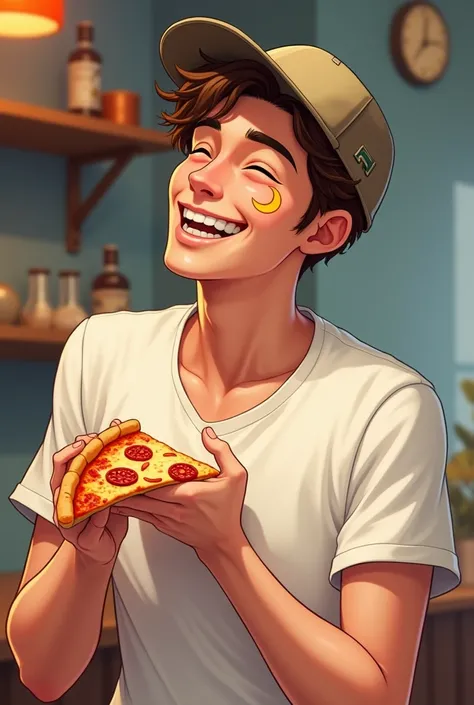 tall boy, handsome, with cap, white test,  brown hair colocho,  moon on the cheek , That he is eating pizza and that he is laughing