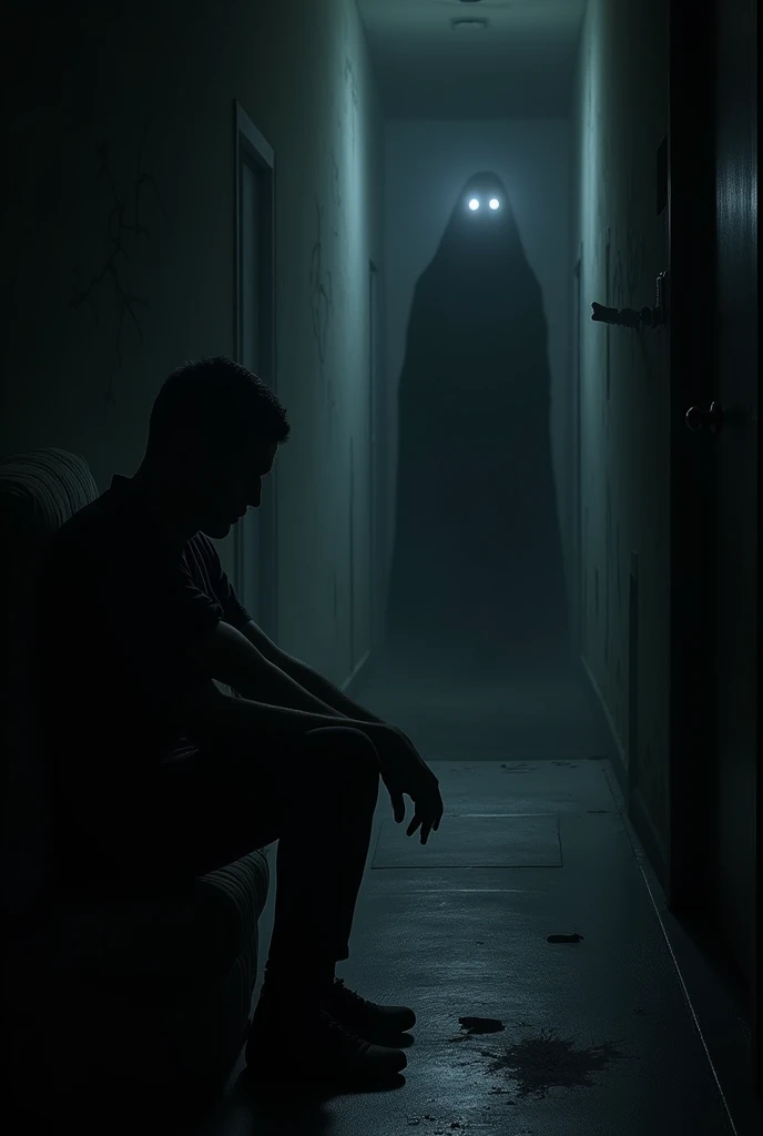  A man sitting in a dark room ,  with the lights flickering .  in the background ,  at the end of a dark corridor ,  a tall, shady figure with glowing eyes . The atmosphere is oppressive,  with an air charged with tension and a trace of ash on the floor. I...