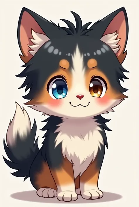 A anime boy with heterochromia, and has dog ears and a dog tail that have the breed of an Australian shepherd with black, grey, brown, and white. He also has black hair, and a warm smile