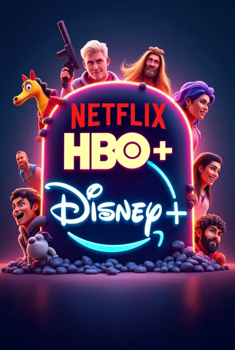  Generate a logo that says sale of streaming platforms and includes the logos of the main streaming companies such as Netflix,HBO MAX,disney+,amazon prime,star +,etc. and with characters from those platforms around and that it is in Spanish