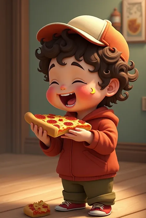 tall boy, handsome, chubby, with cap, white test,  brown hair colocho,  moon on the cheek , That he is eating pizza and that he is laughing