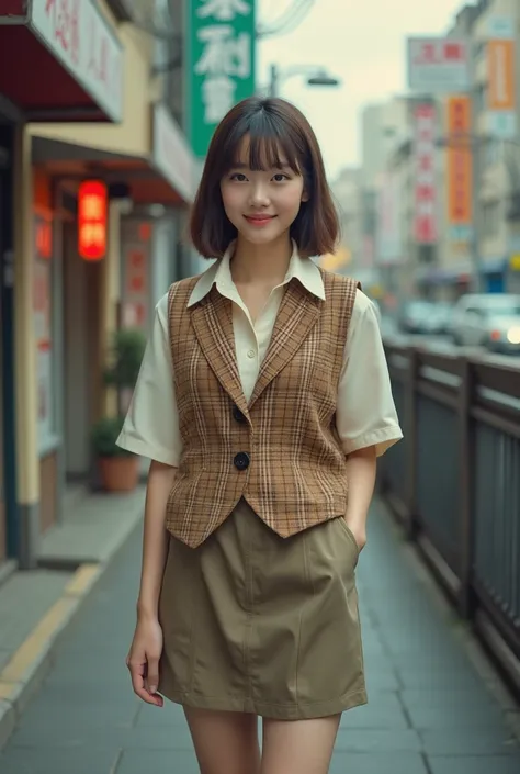 8K, best quality, masterpiece, super high resolution, RAW photo, beautiful Japanese woman (Satisfaction: 1.1), mid-teens, transparent atmosphere, beautiful face, gradient lighting, one-person shot, fine skin, smiling face, brown eyes, short hair with bangs...