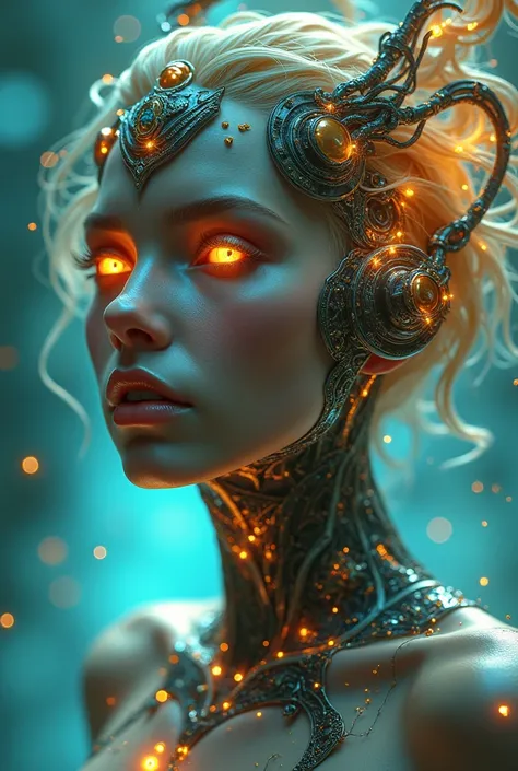 The goddess, Fortuna, glowing eyes, head to breast, silicone cybernetics. High Resolution, Masterpiece, Award Winning, Best Quality, High Details, High Quality, UHD, Optical Illusion, Impressionism, Art Deco, Cinematic, Cinematography, Futurism, Hyperreali...